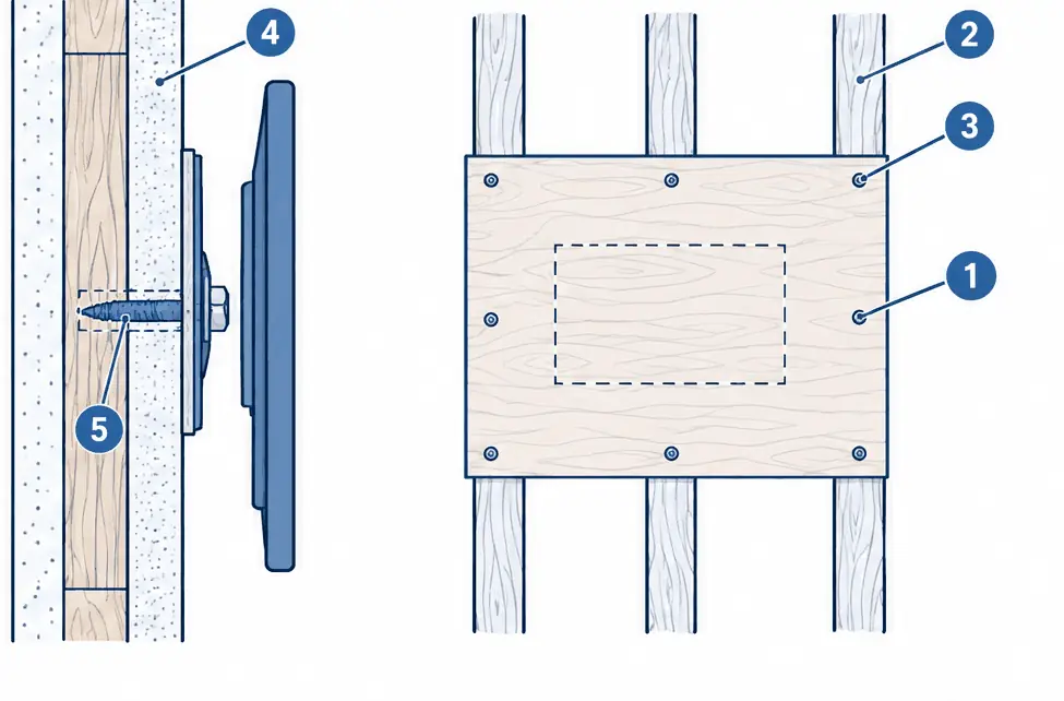 Diagram: side section and front view of a wall frame with a plywood panel fastened across the studs under the drywall, a wall plate with lag bolts into the panel, and a dashed TV outline smaller than the panel