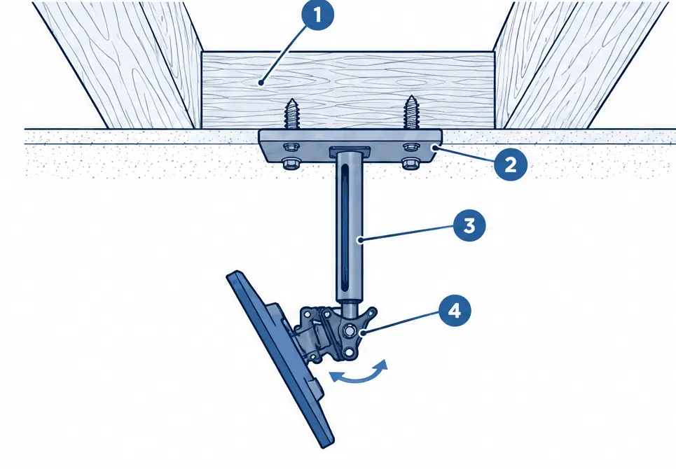 Diagram: side section of a ceiling TV mount on a drop pole fixed to a joist
