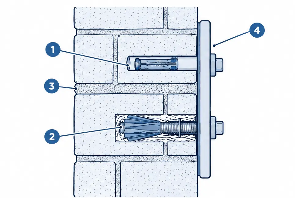 Diagram: side section of a brick or stone wall with a plate held by sleeve anchors set in the body of the brick, one cut away to show the expanded sleeve, and a mortar joint beside