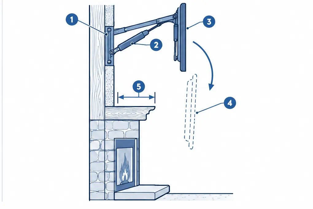 Diagram: side section of a pull-down fireplace mount lowering the TV in front of the mantel