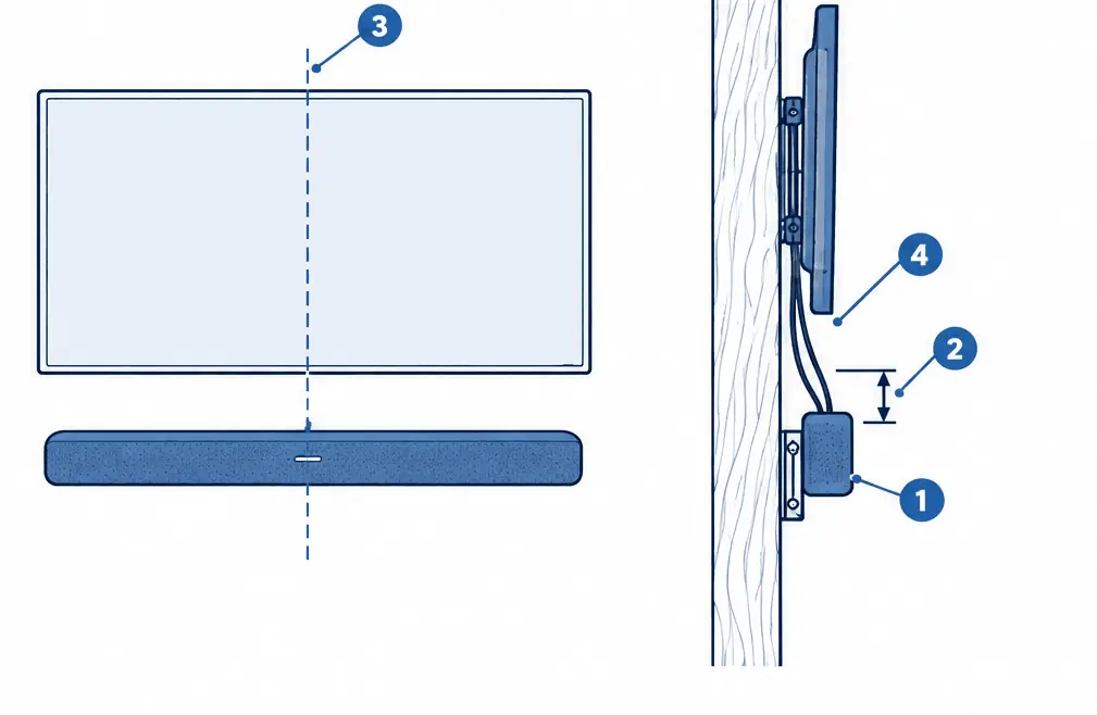 Diagram: front and side views of a wall-mounted TV with a soundbar on its own bracket below it, a gap between them, and short cables tucked behind the bar