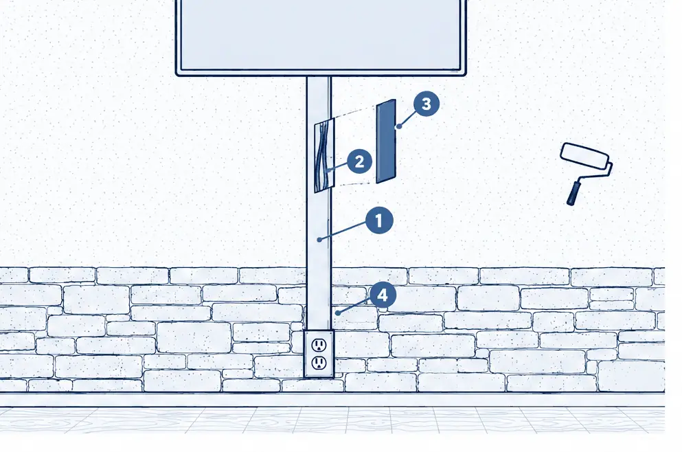 Diagram: front view of a stone or plaster-finish wall with a TV, a slim paintable raceway running straight down from behind the TV to an outlet, and a cutaway of the raceway showing the cables inside