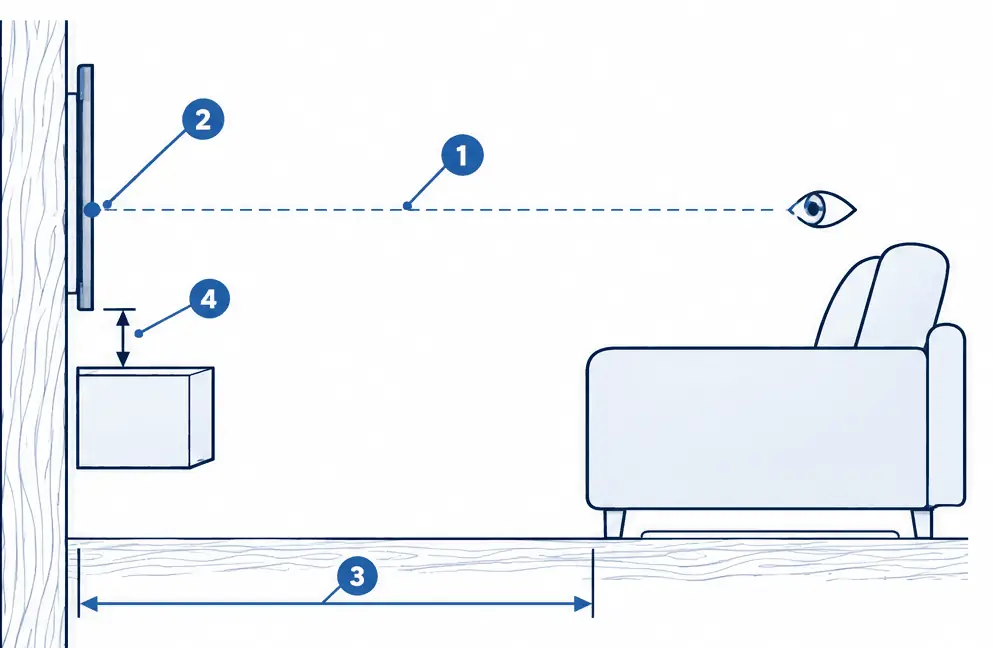 Diagram: side view of a living room with a sofa, a seated eye line, a TV on the wall above a floating console with the screen centre near the eye line, and a viewing distance line