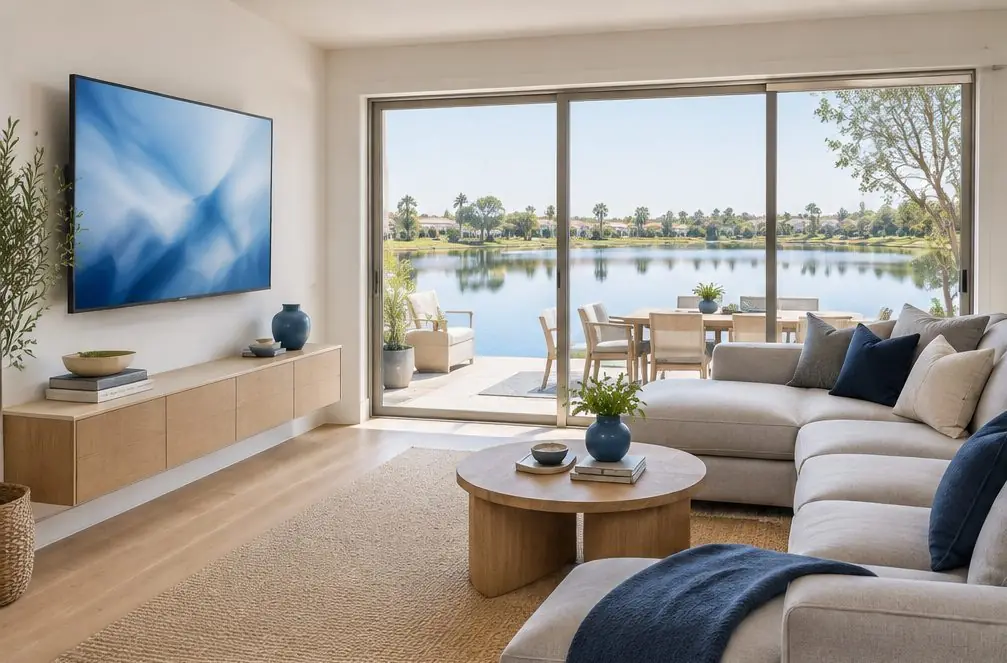 Illustration: a wall-mounted TV in a typical East Lake Village home