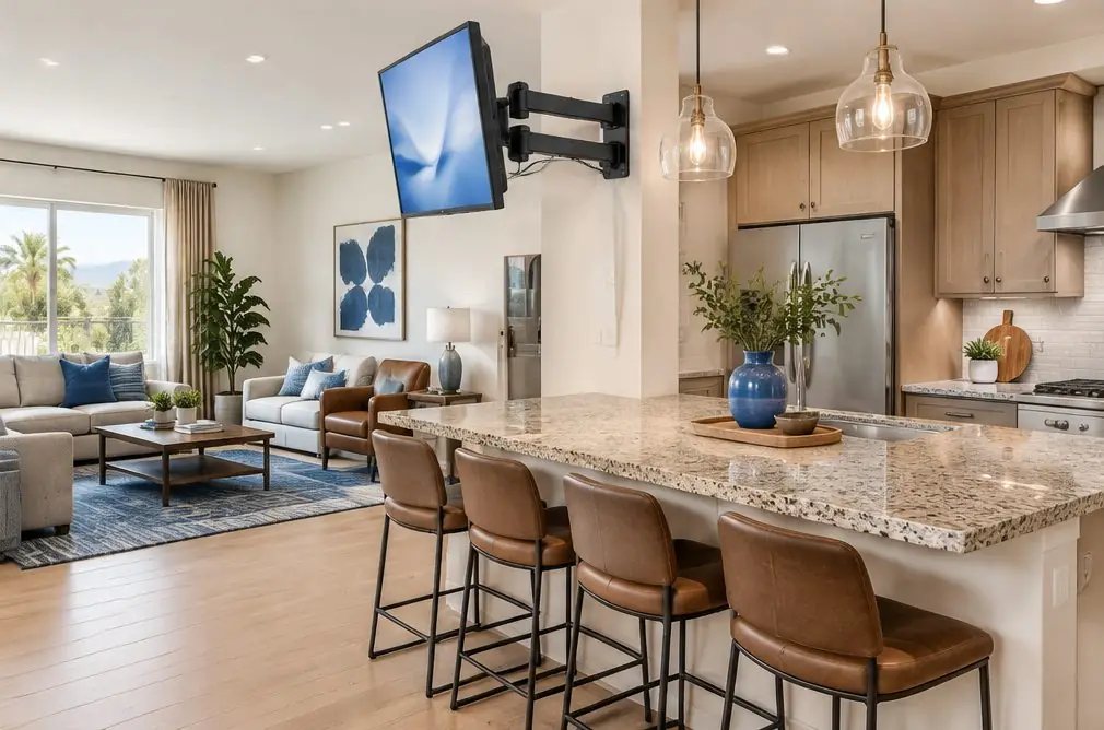 Illustration: a TV on an extended swing arm turned toward a granite kitchen island with four stools in an open Yorba Linda family room