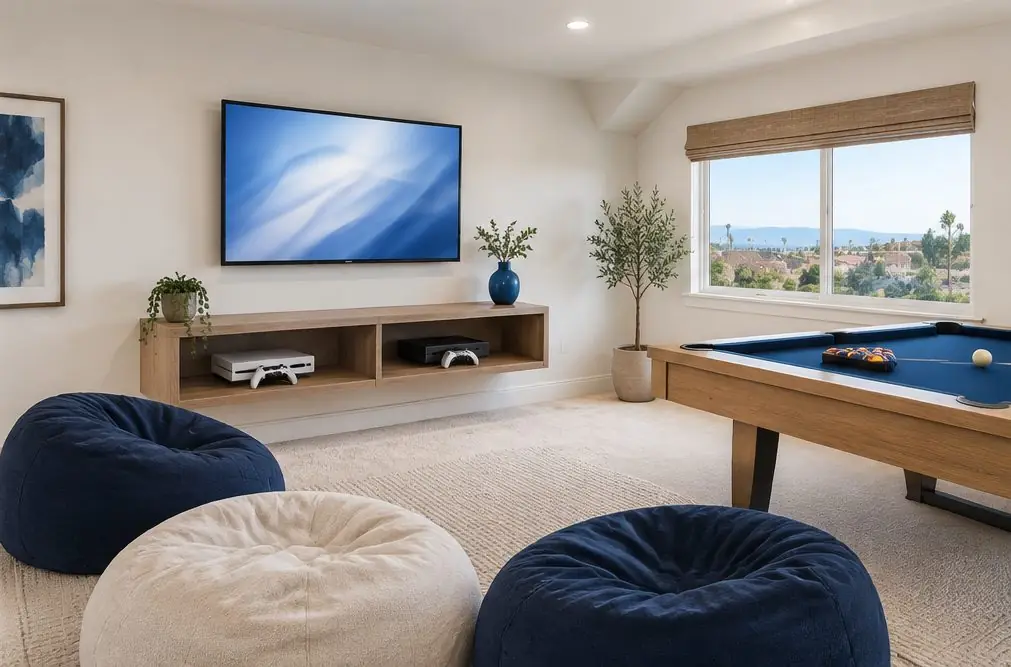Illustration: a TV on a fixed mount on the wall of a bonus room above a low shelf with game consoles, bean bags and a pool table at one side