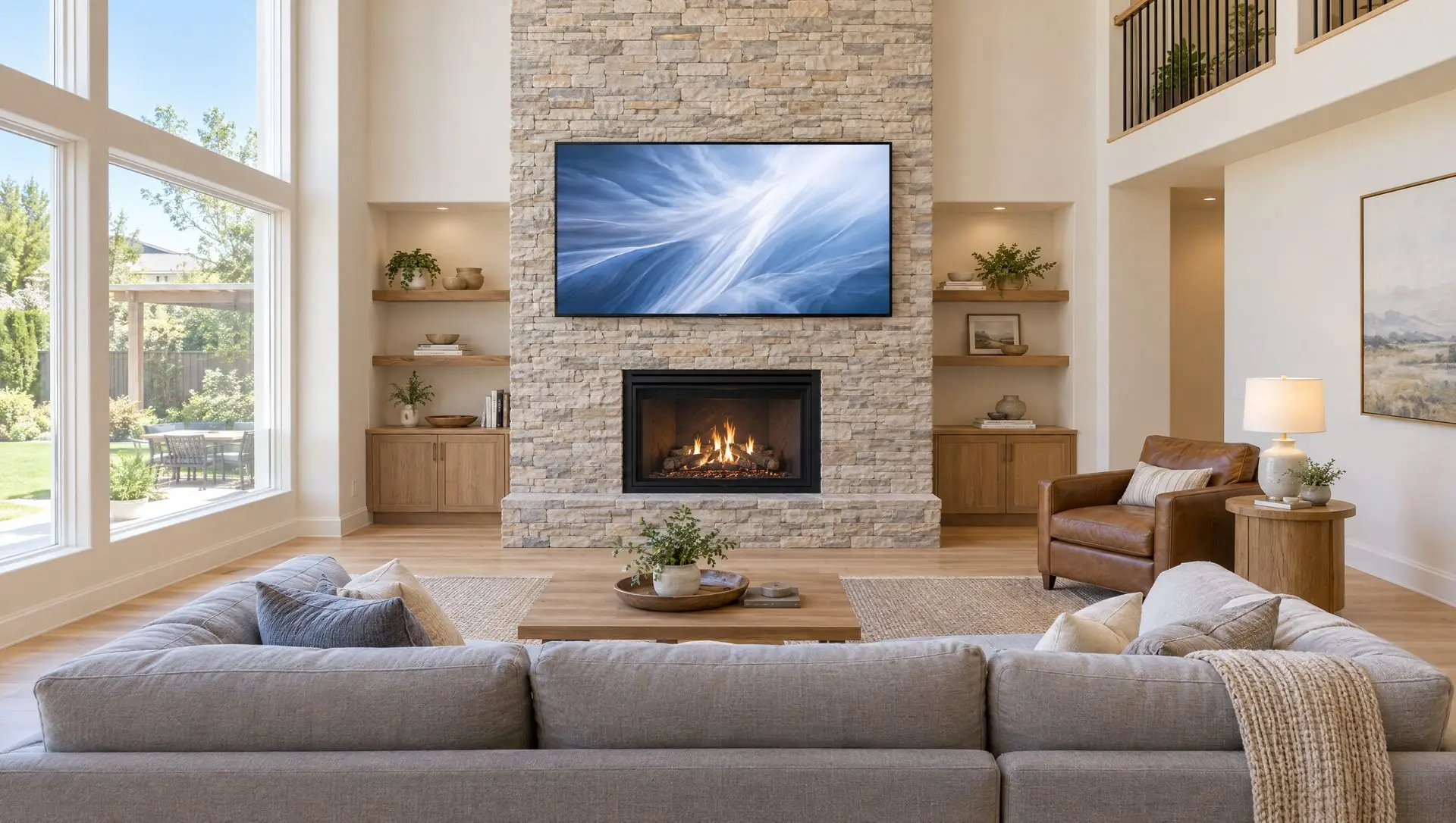 Illustration: a TV mounted on a stacked-stone fireplace wall in a bright two-story family room with a deep sectional, a loft railing and tall windows to a backyard