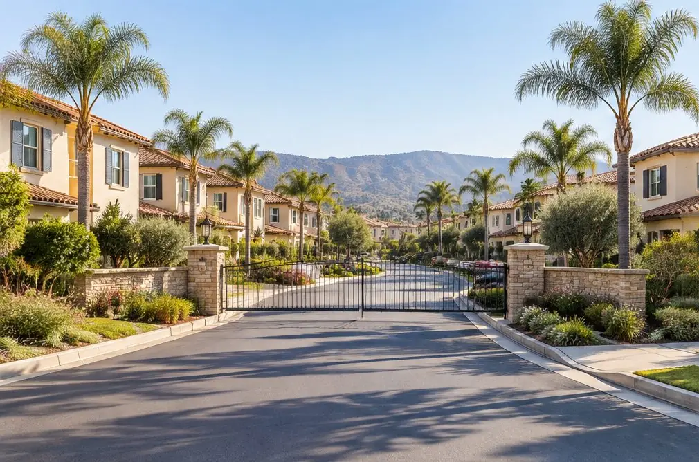 Illustration: a quiet planned-community street with matching tile-roofed houses, a gated entrance and neat landscaping in the morning