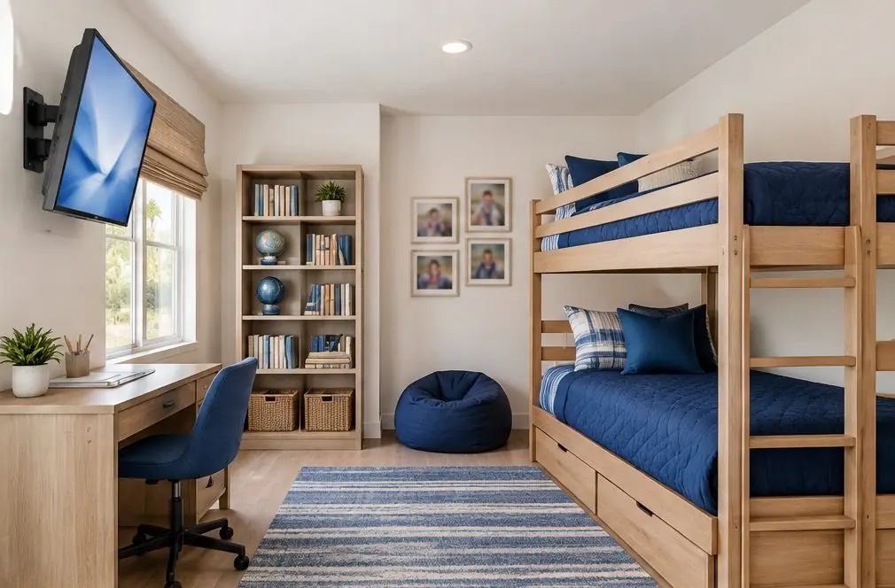 Illustration: a tidy kids bedroom with a 32-inch TV on a tilting mount above a desk, a bunk bed and a bookshelf in soft afternoon light