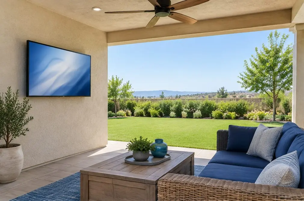Illustration: an outdoor-rated TV on a stucco wall under a covered patio with a wicker sofa, a ceiling fan and a green lawn beyond