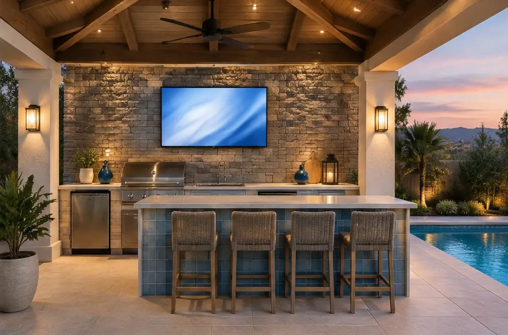 Illustration: an outdoor TV on a stone-clad block wall above a built-in outdoor kitchen beside a pool cabana with a tiled counter