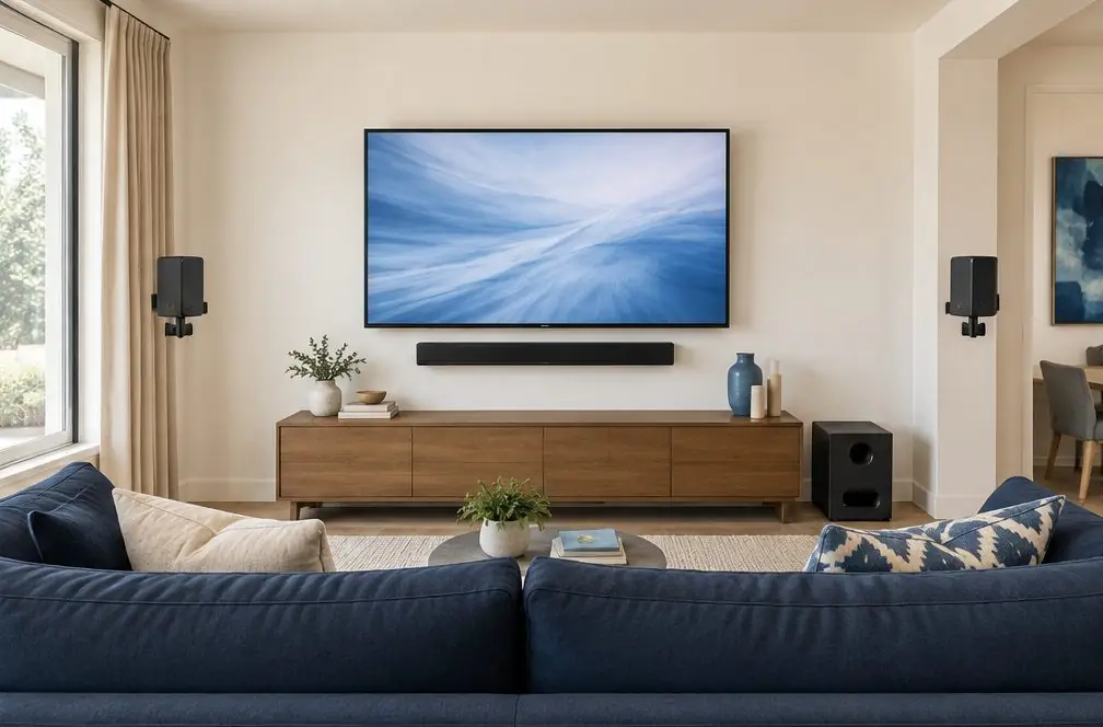 Illustration: a soundbar mounted under a wall TV, a subwoofer beside a console and two small rear speakers on brackets behind a deep sofa