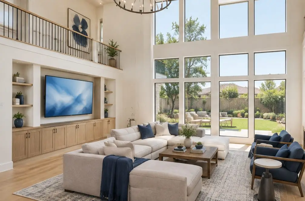 Illustration: a wall-mounted TV in a typical Travis Ranch home