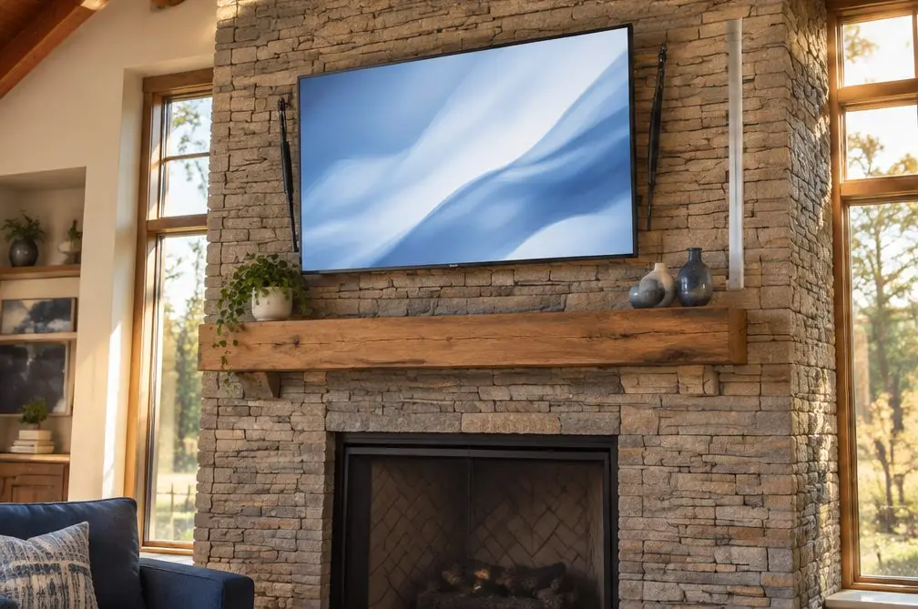 Illustration: a TV above a stacked ledger-stone fireplace and wood mantel in a bright Yorba Linda family room, a pull-down arm visible at the side