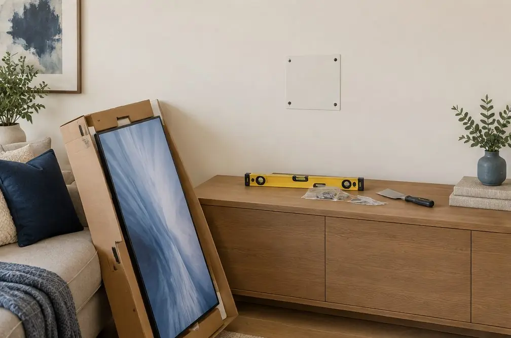 Illustration: a TV leaning in its box against a cream wall, a bare wall plate with four filled holes, a level and a small bag of screws on a console