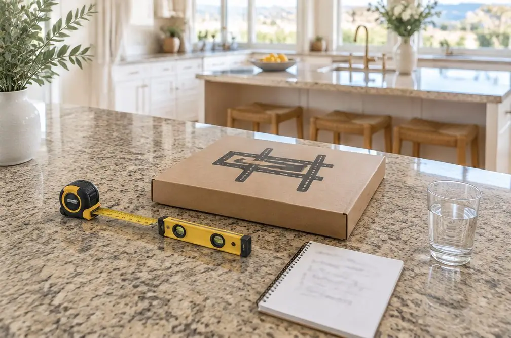 Illustration: a tape measure, a level, a boxed TV bracket and a notepad with blurred figures on a granite kitchen counter in a bright Yorba Linda home