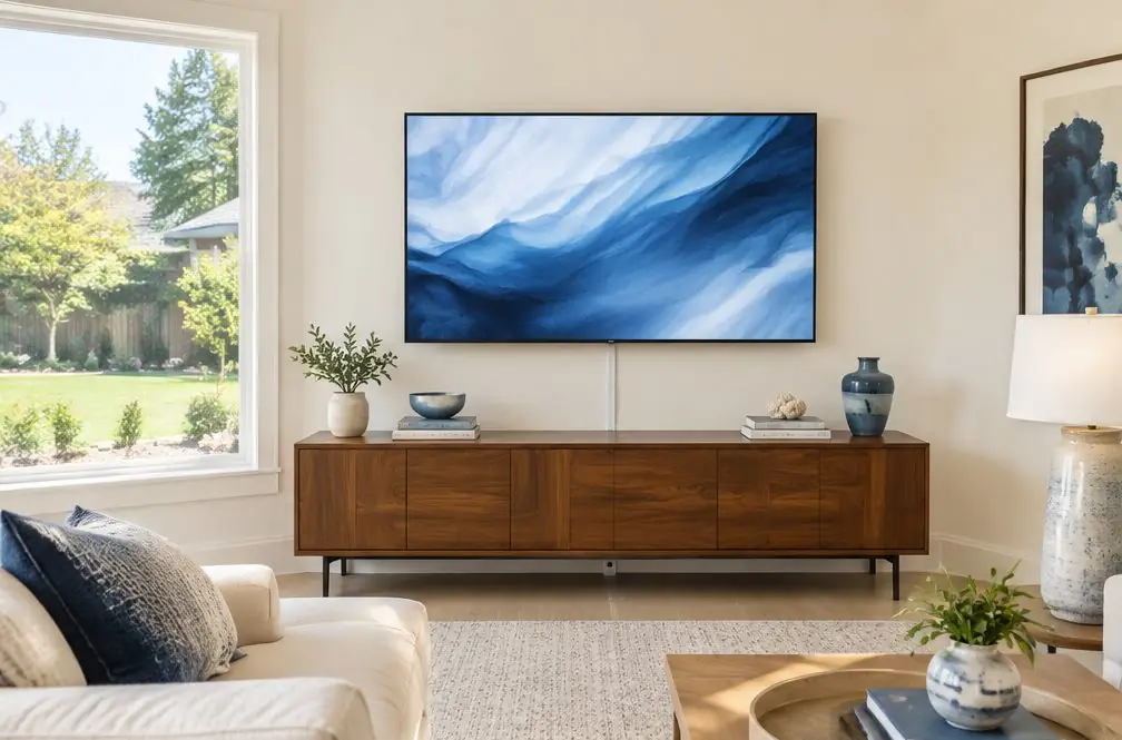 Illustration: a 55-inch TV on a fixed wall mount above a walnut console in a bright suburban living room with a cream sofa and a window to a green yard